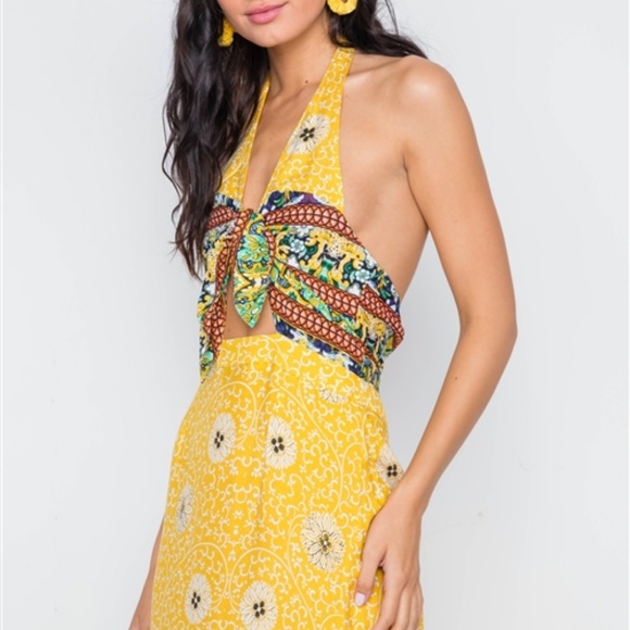 YELLOW FLORAL PAISLEY PRINT SITE SLITS MAXI DRES - Picture 3 of 6